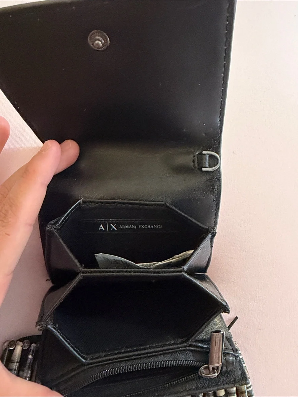 Armani Exchange Light Green Pebbled Leather Wallet with Beaded Zip Pouch